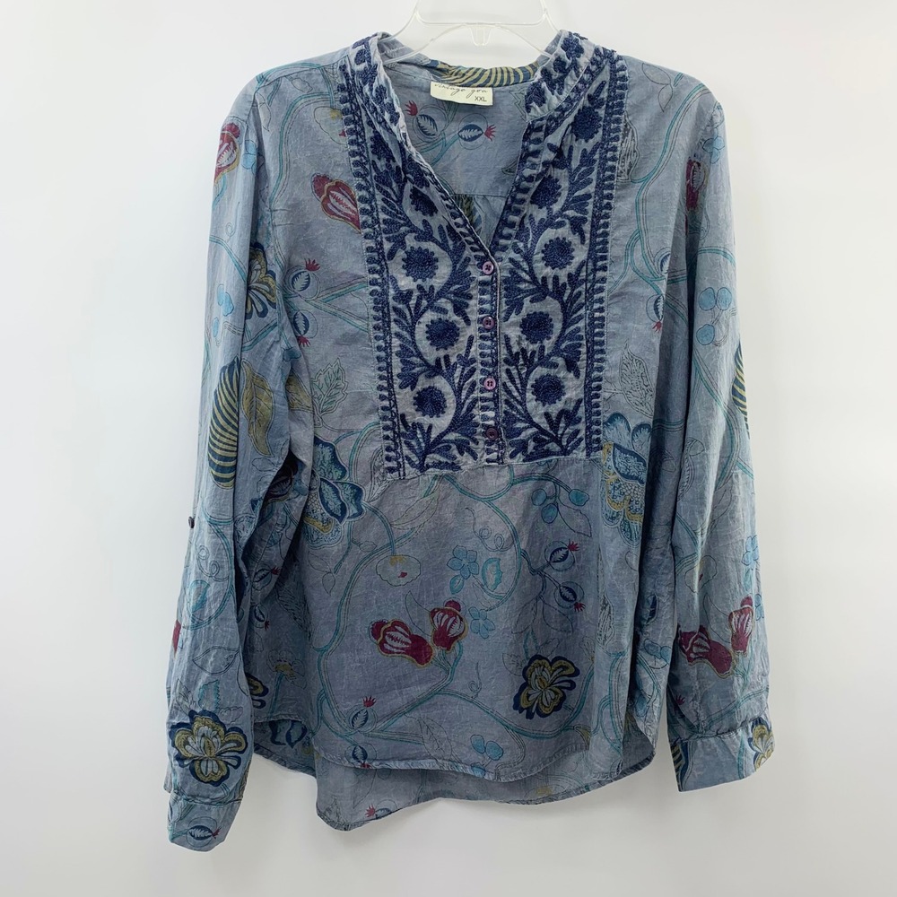 Vintage Goa Blouse Women XXL Blue Floral Embroidered Cotton Boho Top Excellent